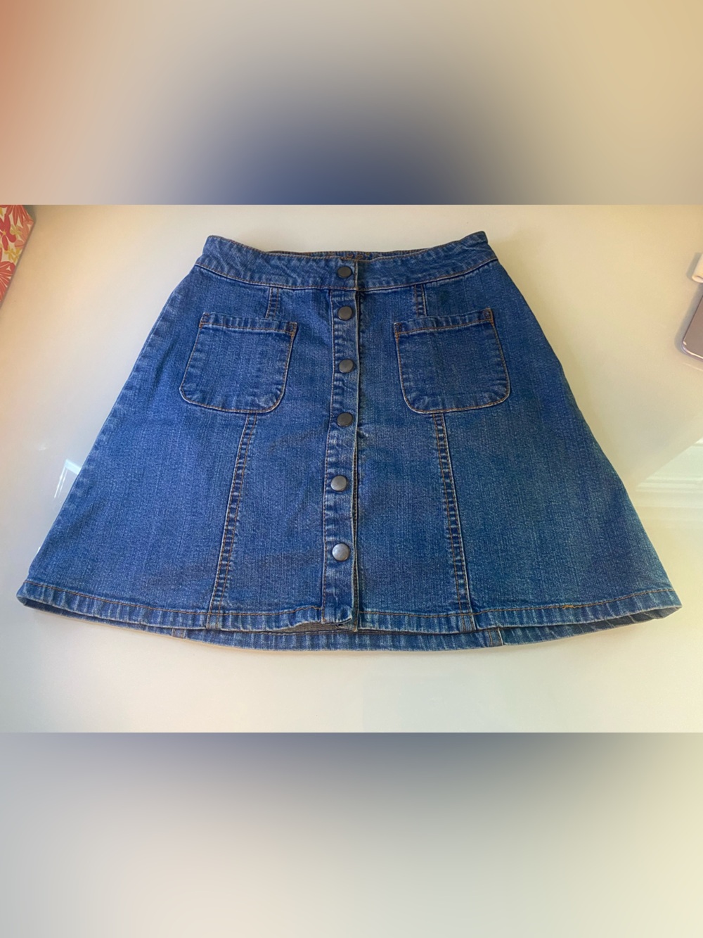 Dark Blue Denim A-Line Button Mini Skirt
